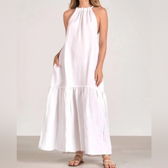 Elan Dresses & Skirts - Elan High Neck Tiered Halter Maxi Dress White Linen Blend Relaxed Flowy Fit NWT